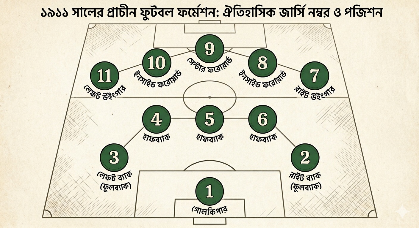 দুই ডিফেন্ডার, তিন মিডফিল্ডার, পাঁচ ফরোয়ার্ড নিয়ে ফুটবলের আদি ফর্মেশন। ছবি: সংগৃহীত