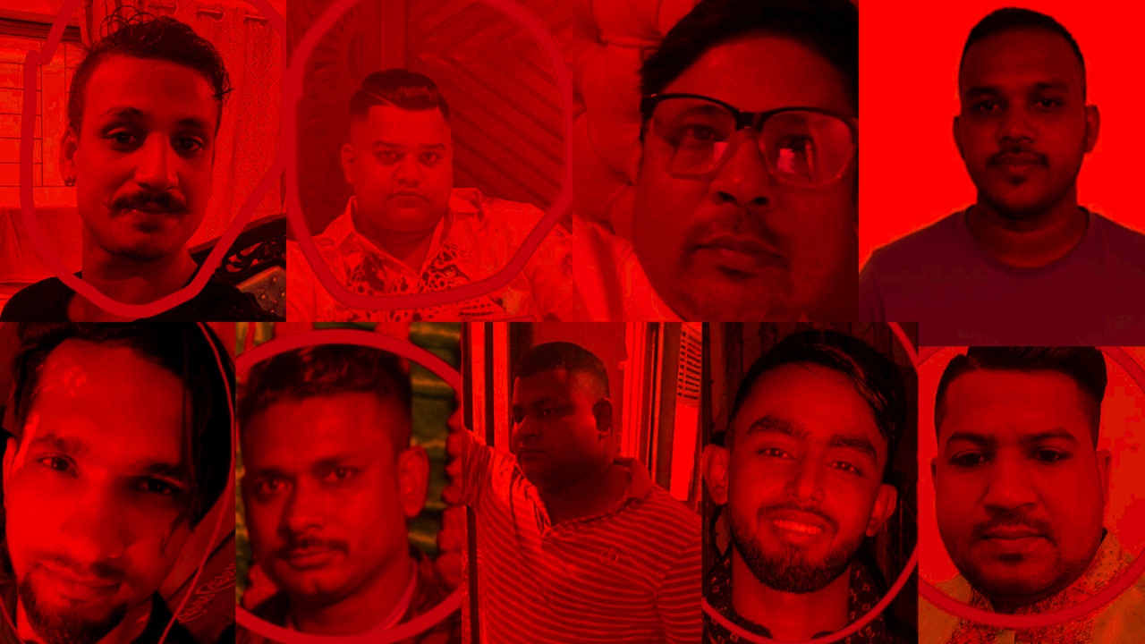 ওপরে বাম থেকে বুনিয়া সোহেল, পার মনু, চুয়া সেলিম ও পিচ্চি রাজা এবং নিচে বাম থেকে আমিন, টুনটুন, ইমতিয়াজ, রুবেল ও ক্যাম্প চেয়ারম্যানের ছেলে নাসিম। ছবি: চরচা