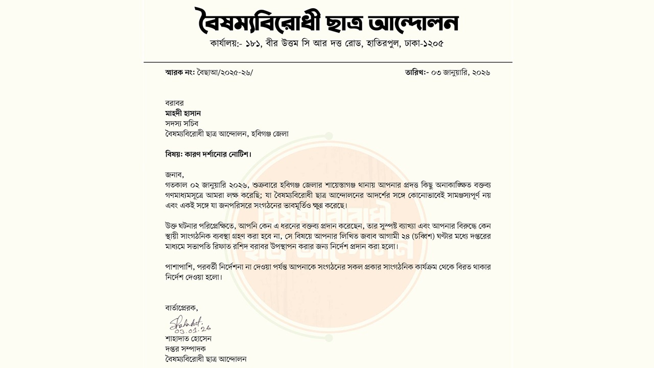 ‘থানা পুড়িয়েছি, এসআইকে জ্বালিয়ে দিয়েছি’–বলা বৈষম্যবিরোধী নেতাকে শোকজ