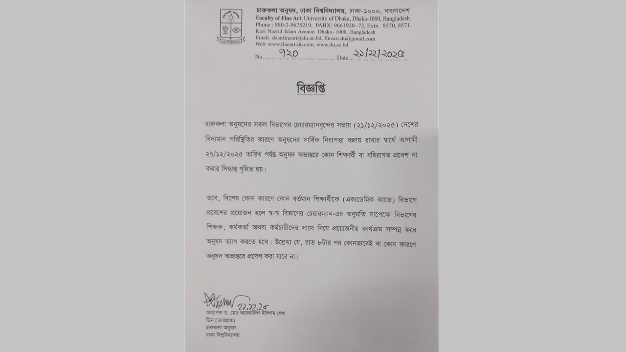 ঢাবির চারুকলা অনুষদ ২৭ ডিসেম্বর পর্যন্ত বন্ধ, প্রবেশে কড়াকড়ি