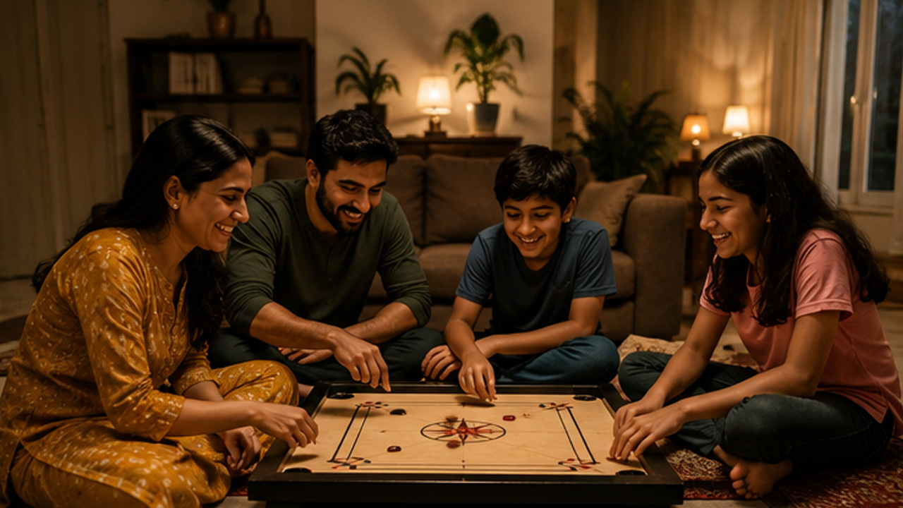 ক্যারাম কিংবা দাবার মতো খেলাগুলো বাঙালি পরিবারের চিরচেনা আড্ডার অনুষঙ্গ। ছবি: এআই